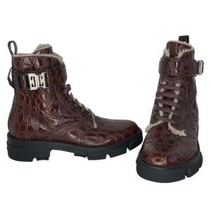 Givenchy Terra 4G Buckle Brown Croc Embossed Leather Combat Boots 🆕
